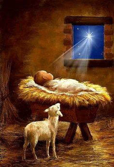 a painting of a baby jesus in the manger scene with a lamb looking at him