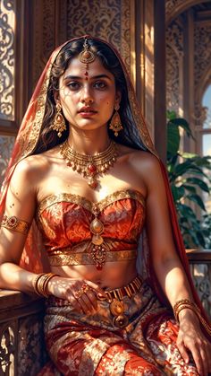 a woman in a red and gold outfit sitting on a ledge with her hands clasped