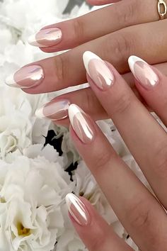 Chrome French Tips Almond, Paznokcie Hello Kitty, Kutek Disney, Makijaż Smokey Eye, Bridal Nails, Elegant Nails, Beauty Ideas