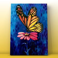 a painting of a butterfly flying over a pink flower on a blue and yellow background