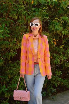 Things That Are Pink, Pink Plaid Pants, Fashion Jeans Outfit, Teddy Blake, Jeans Outfit Spring, Orange Sherbet, Pink Holiday, Satin Shoes, Classic Handbags