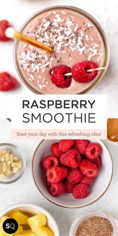 raspberry smoothie in a bowl with strawberries and other ingredients