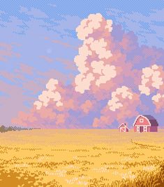 a pixellated image of a farm house in the middle of a wheat field under a cloudy sky