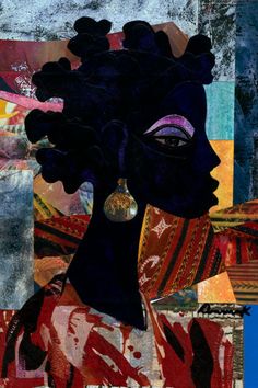 an abstract painting of a woman's face with earrings on her head, surrounded by multicolored collages