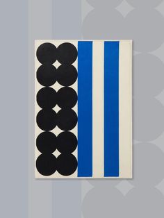 an abstract painting with black and white circles on a blue strip in front of a gray background