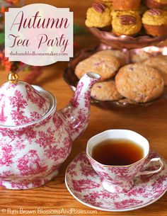 an autumn tea party with muffins and cup of tea