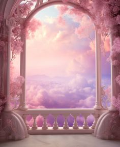 an open window with pink flowers and clouds in the background