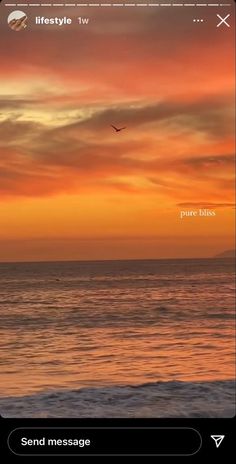 an orange sunset over the ocean with a bird flying in the sky and some clouds