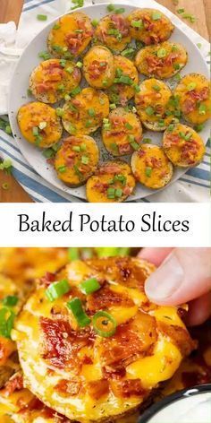 baked potato slices on a plate with green onions and bacon in the middle, topped with melted cheese