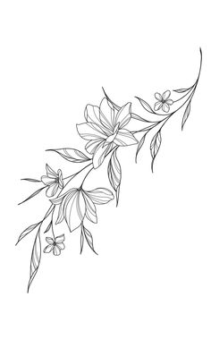 a black and white drawing of flowers on a branch