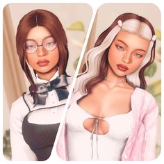 two animated images of women with glasses and hair, one is wearing a white dress