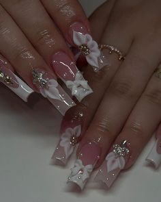 Pretty Nails Medium Length, Medium Length Nail Inspo Acrylic, Medium Quince Nails, Nail Set Inspiration, Cute Nails With Diamonds, Long Gel X Nail Ideas, Pretty Prom Nails, White Gem Nails, Extra Nail Designs