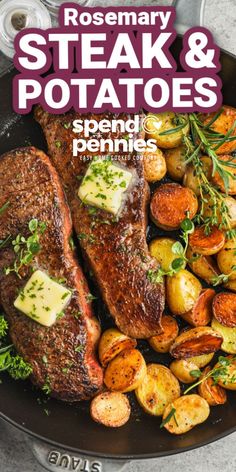 garlic steak and potatoes in a cast iron skillet with text overlay that reads garlic steak and potatoes