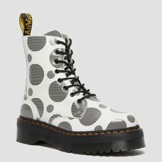 Dr. Martens Women's Jadon Platform Quad Retro White Polka Dot Smooth Leather Us 6 Eu 37 Uk 4 Brand New W/O Original Box. Limited Edition, Sold Out And Discontinued!!! This Season's New Polka Dot Print Is A Mashup Of Spots And Stripes, Nodding To Our Signature Grooved Outsole. These Jadon Boots Take A Loud Print And Turn The Volume Up Even Louder. Stacked On Our Quad Air-Cushioned Sole, They're Made From Tough Smooth Leather And Fitted With Dipped Aglet Laces. The Platforms Boots Are Marked With Platforms Boots, Jadon Boots, Dr Martens Womens, Goodyear Welt, Polka Dot Print, Platform Boots, Dot Print, White Polka Dot, Smooth Leather