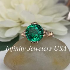 Art Deco Emerald Engagement Ring, Unique Emerald Ring, May Birthstone Ring, 14k Gold Ring, Rose Gold Engagement Ring, Gift For Her, #6227 #6227 #ArtDeco #RoseGold #GiftForHer #14kGoldRing #EmeraldRing #MayBirthstoneRing #EngagementRing #InfinityJewelersUSA #UniqueEmeraldRing Emerald Engagement Ring Green, Art Deco Emerald, May Birthstone Rings, Engagement Ring Unique, Vintage Rose Gold, Wedding Promises, Emerald Wedding, Lab Created Emerald, Vintage Style Rings