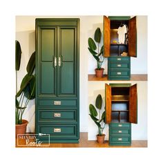 the green armoire is next to two potted plants and a wooden shelf with drawers