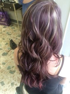 Tiny Blonde Highlights, Blonde Highlights Fall, Violet Red Hair, Purple Blonde Hair, Paul Mitchell Color, Plum Hair, Cherry Hair, Purple Highlights