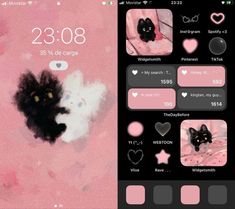 an iphone screen with pink and black wallpapers on the left, and a cat sticker on the right