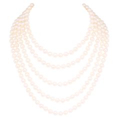 The 88” Japanese Akoya pearl necklace consists of 270 homogeneous round pearls (Pinctada Fucata) of 7.5/8mm diameter. The pearls display a lovely nacre, lustre, and iridescence. The necklace is held together by a handmade 18 carat white gold clasp decorated with round diamonds (F/G-VVS). The clasp is signed EG. Jewellery Displays, Pearl Rope, Japanese Pearls, Akoya Pearl Necklace, Pearl Strands Necklace, Pearl Jewels, Long Pearl Necklaces, Cultured Pearl Necklace, Chanel Earrings