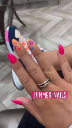 Nail Inspo Almond Bright Colors, Different Design On Each Nail French Tip, Almond Acrylic Nails Bright Colors, Back To School Nails Acrylic Pink, Colorful Summer Nails 2023, Cute Nail Designs Preppy, Acrylic Nails Ideas Summer 2023, Spring Nails Trendy, Colorful Round Nails