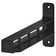 a black metal shelf bracket with two holes