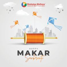 a poster for makar sank with kites in the sky and cityscape