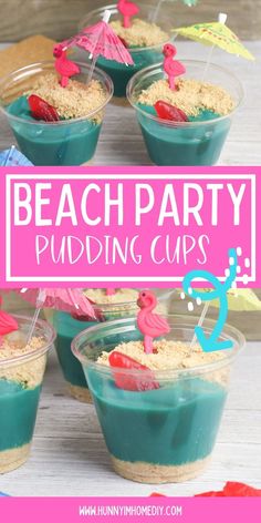 beach party pudding cups with pink flamingos on top and blue liquid in the middle