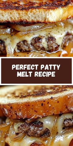 two pictures of grilled cheese sandwiches with the words perfect patty melt recipe on them