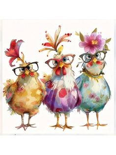 three colorful birds with glasses and flowers on their heads are standing next to each other