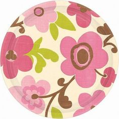 a paper plate with pink and green flowers on it