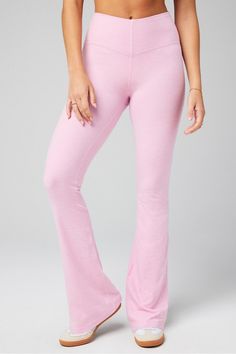 HeatherFlex High-Waisted Mini Flare - Fabletics Fabletics Sweatpants, Pink Leggings Outfit, Princess Workout, Pastel Leggings, Painter Style, Light Pink Leggings, Female Activewear, Christmas Lists, Pink Activewear