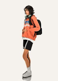 a woman in an orange sweatshirt and black shorts