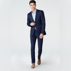 Brand: Indochino Size: Custom Made; Measurements Sent To Indochino In Pictures Measurements: Jacket - 32" Length, 19" Chest, 18" Shoulder, 25.5" Sleeve; Pants - 17" Waist, 43" Length, 34.5" Inseam, 9.5" Rise Color: Navy With Silver/Gray Lining Condition: Excellent, Worn Once Imperfections: Some Pilling On Jacket Lining (Pictured) Features: Jacket - Notch Lapels, One Vent, Two Front Buttons, Pocket Flaps, Pen Pocket, Dark Brown Buttons; Pants - Belt Loops, Side Pockets, Back Pockets; Indochino Garment Bag Included Tags: Wedding, Formal, Classic Classic Blue Office Wear Sets, Slim Fit Blue Sets For Workwear, Navy Notch Lapel Workwear Sets, Navy Notch Lapel Sets For Workwear, Classic Navy Workwear Sets, Classic Navy Sets For Workwear, Classic Navy Sets For Work, Jacket Lining, Navy Suit