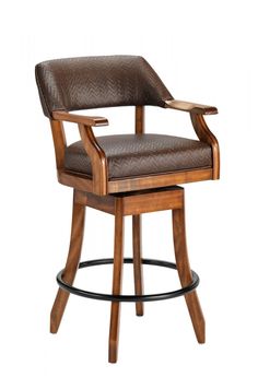 a wooden bar stool with a brown upholstered back and arm rests against a white background