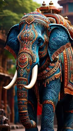 an elephant decorated with intricately painted designs