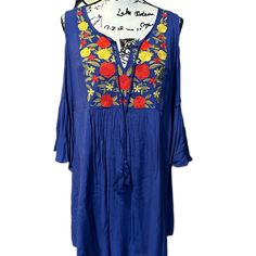 Nwt- Floral Embroidery Dress - Perfect For A Beach Getaway - Beautiful Royal Blue Color With Vibrant Floral Embroidery - - Lined Spring Bohemian Royal Blue Dress, Royal Blue Bohemian Summer Dress, Blue Floral Embroidery Summer Dress, Blue Floral Embroidered Beach Dress, Blue Floral Embroidered Dress For Beach, Blue Floral Embroidery Dress For Beach, Blue V-neck Dress With Embroidered Hem, Summer Blue Embroidered Floral Print Dress, Blue Floral Print Embroidered Summer Dress