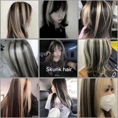 Grey Blonde Highlights On Dark Hair, How To Do Skunk Stripe Hair, Stunk Hair Dye, Mechas Aesthetic, Vamp Core, Haircut Inspired, Red Highlights In Brown Hair, Pretty Hair Cuts, Striped Hair