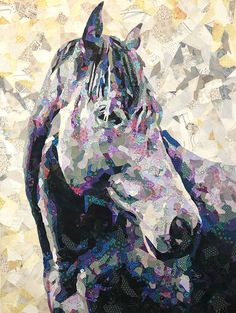 a painting of a horse made up of many different pieces of paper and various colors