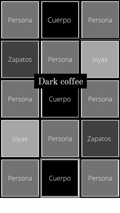 the dark coffee menu is shown in black and white, with several different types of coffee