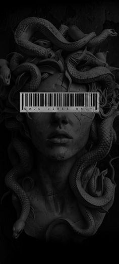 a woman with a barcode over her head and snakes on it's face