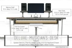 a computer desk with speakers, keyboard and monitor on it's stand height chart