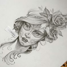 a pencil drawing of a woman with roses on her head and name tag attached to her face