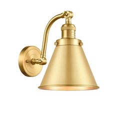 a brass wall light with an arm and shade on the side, against a white background