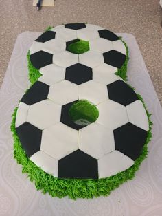 a soccer themed cake with green frosting and black and white designs on the bottom