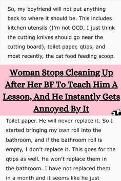 a pink and white page with text that reads, woman stops cleaning up after her bed to teach him