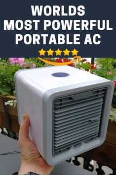 a person holding an air conditioner in their hand with the words world's most powerful portable ac