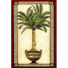 a painting of a potted palm tree on a wall with an ornate border around it