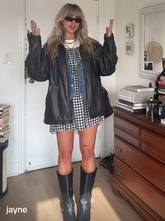 Royel Otis Concert Outfit, Mini Dress With Platform Boots, Black Boot Concert Outfit, Short Dress Fall Outfit, Austin Spring Outfits, Gallery Assistant Outfit, Mini Dress And Jacket Outfit, Tall Boot Fall Outfits, Cold Weather Concert Outfit Country