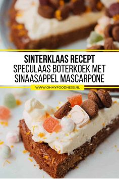 there is a slice of cake with marshmallows on it and the text overlay reads, sinterkaas recept spel las boterket