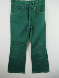 Vintage 70s Flare Leg Green Jeans Boys Handmade Approx. 23" waist and 23" inseam. Loose stitching above one pocket. Loose stitching on both pockets. 70s Boys, 80's Hairstyle, Hair Magazine, Flare Denim Jeans, Green Jeans, Boys Jeans, Vintage Jeans, Vintage 70s, Vintage Clothing